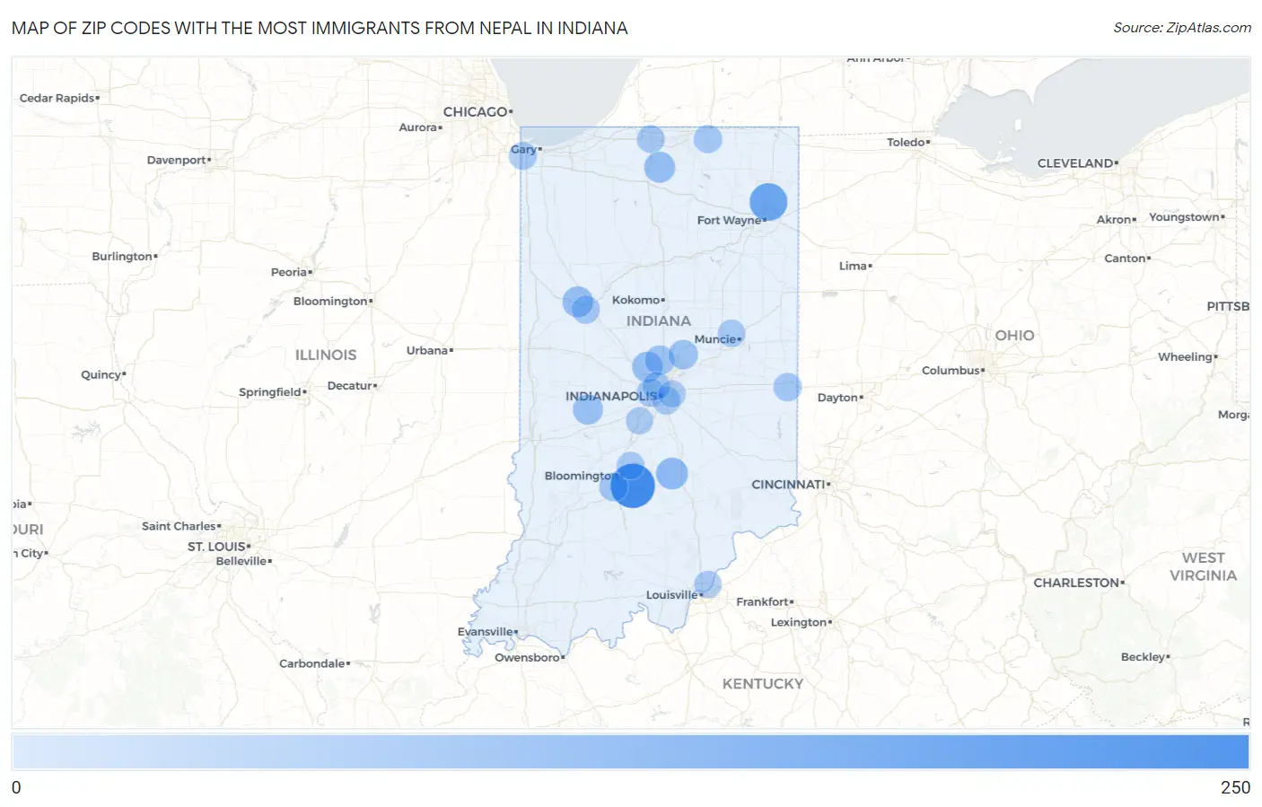 Zip Codes with the Most Immigrants from Nepal in Indiana Map