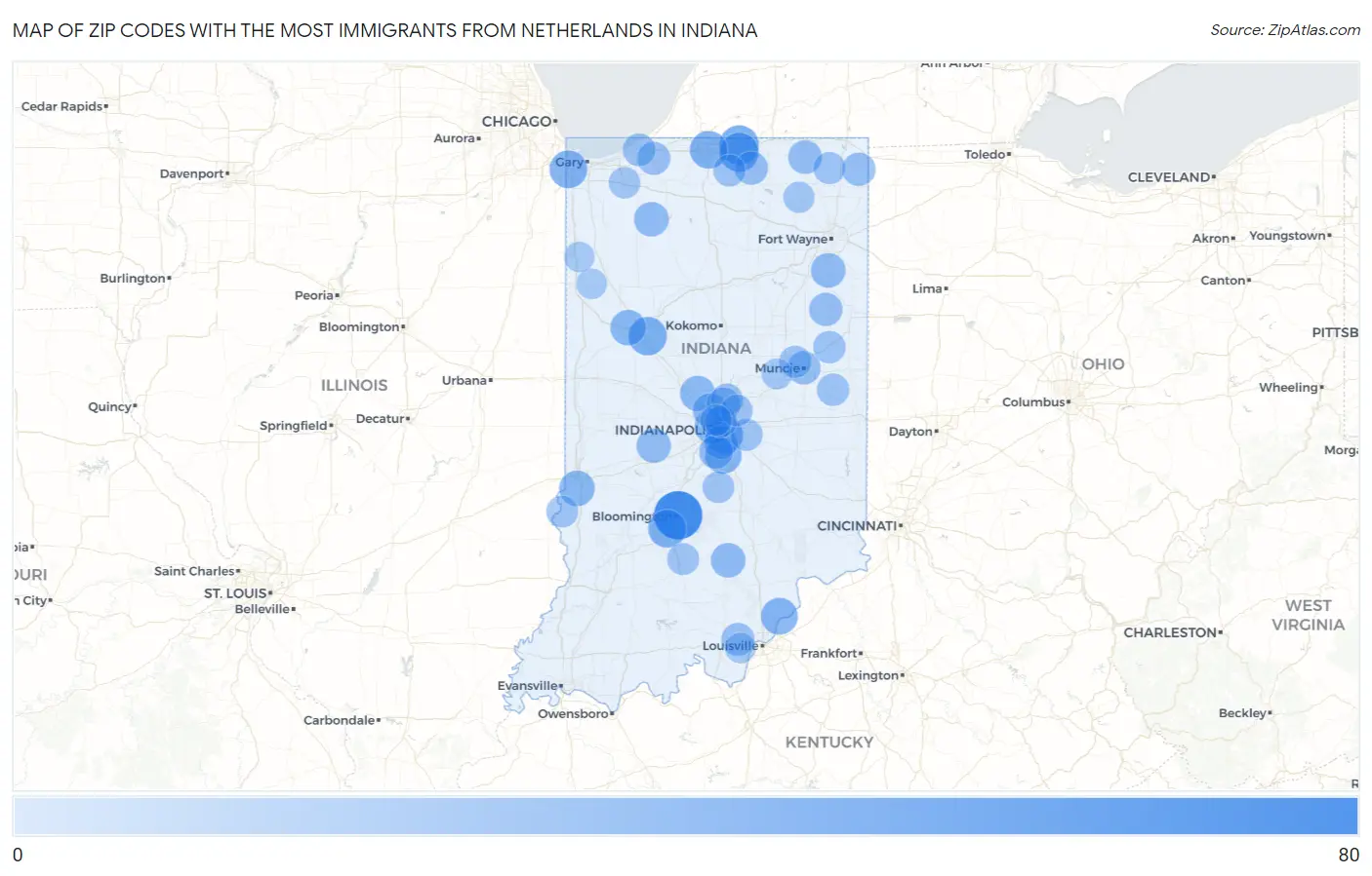 Zip Codes with the Most Immigrants from Netherlands in Indiana Map