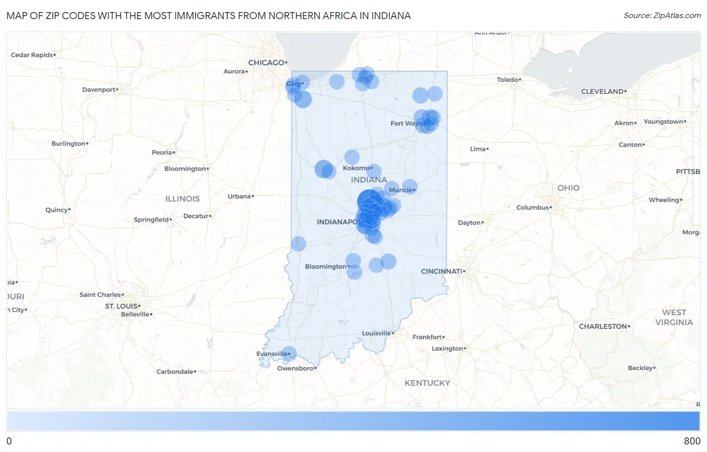 Zip Codes with the Most Immigrants from Northern Africa in Indiana Map