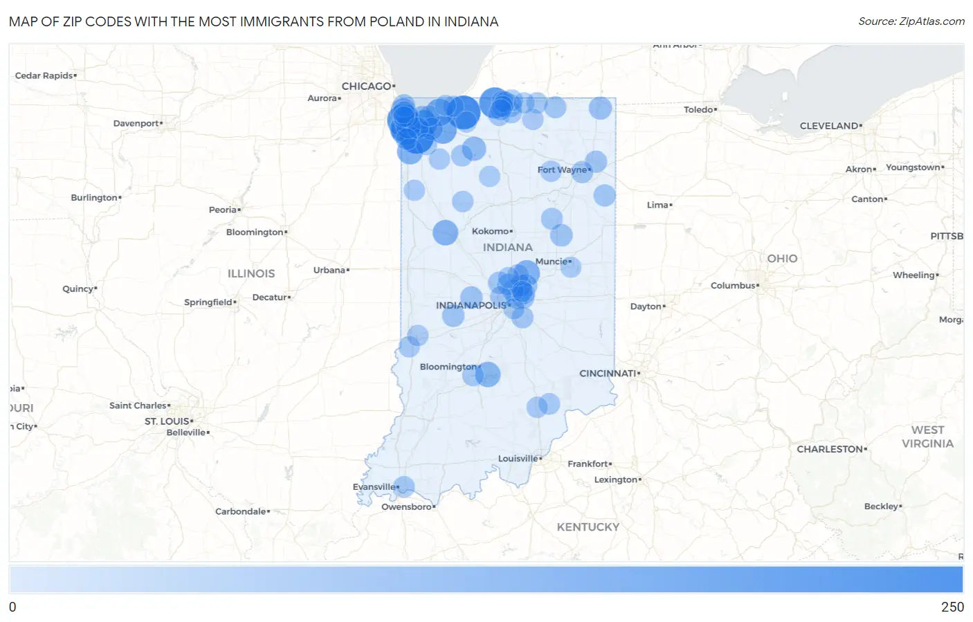 Zip Codes with the Most Immigrants from Poland in Indiana Map