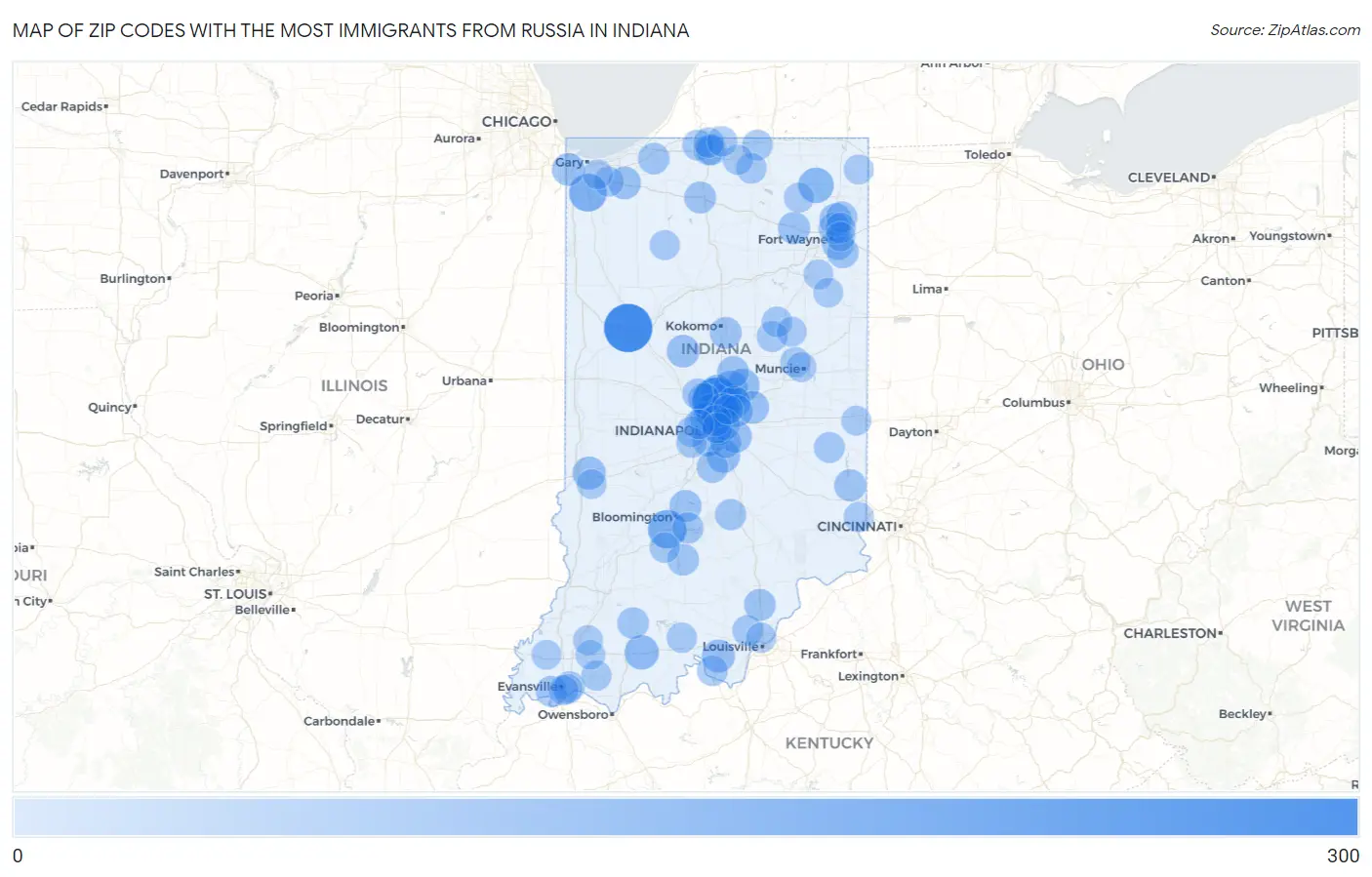 Zip Codes with the Most Immigrants from Russia in Indiana Map