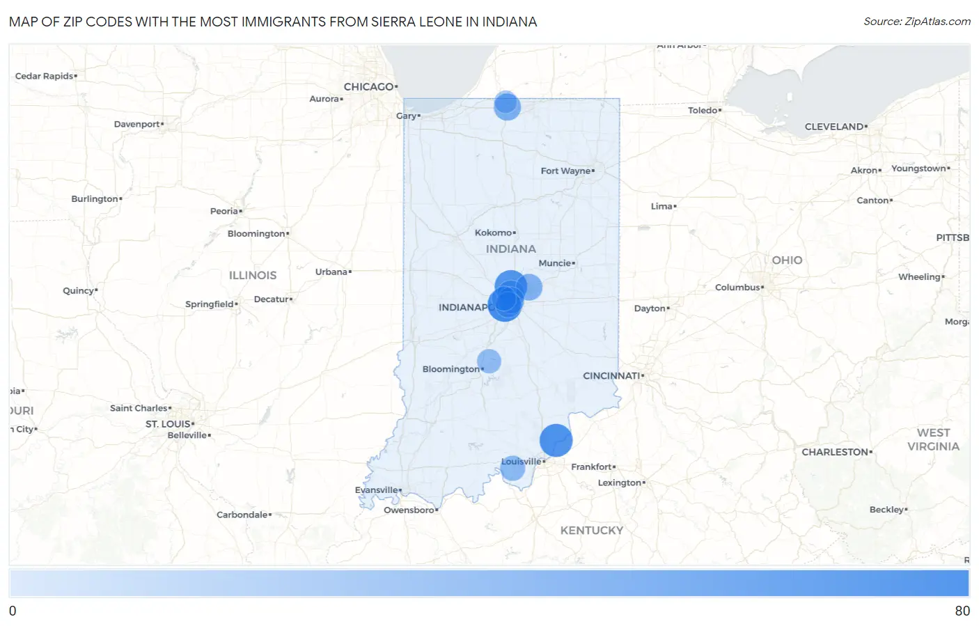 Zip Codes with the Most Immigrants from Sierra Leone in Indiana Map