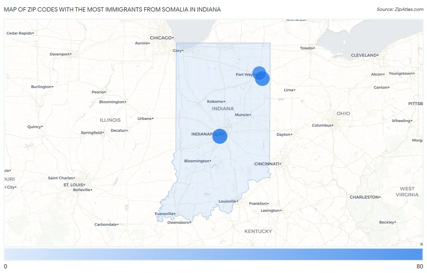 Zip Codes with the Most Immigrants from Somalia in Indiana Map
