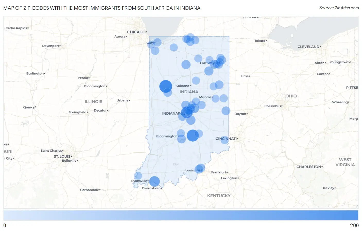 Zip Codes with the Most Immigrants from South Africa in Indiana Map