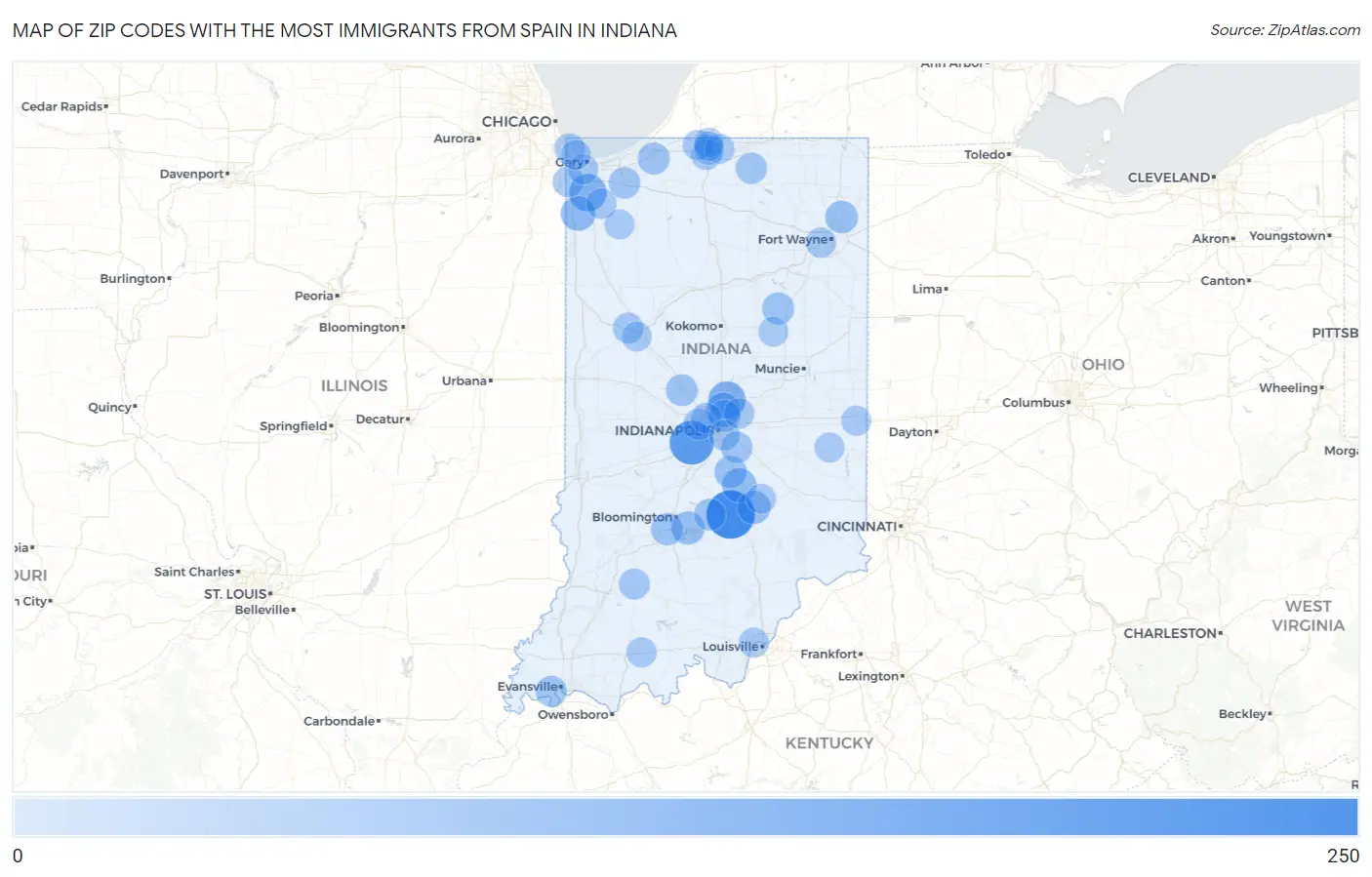 Zip Codes with the Most Immigrants from Spain in Indiana Map