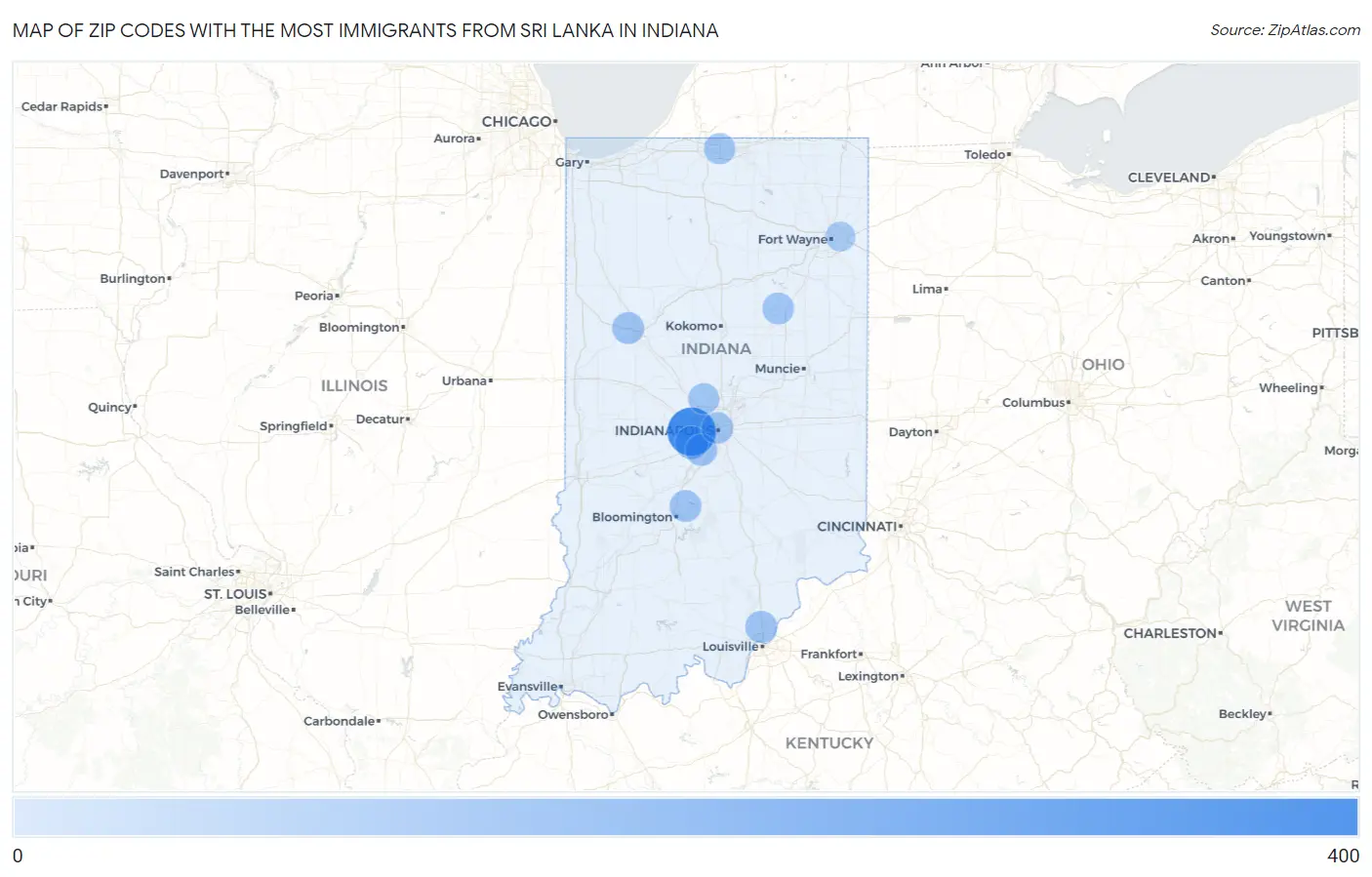 Zip Codes with the Most Immigrants from Sri Lanka in Indiana Map