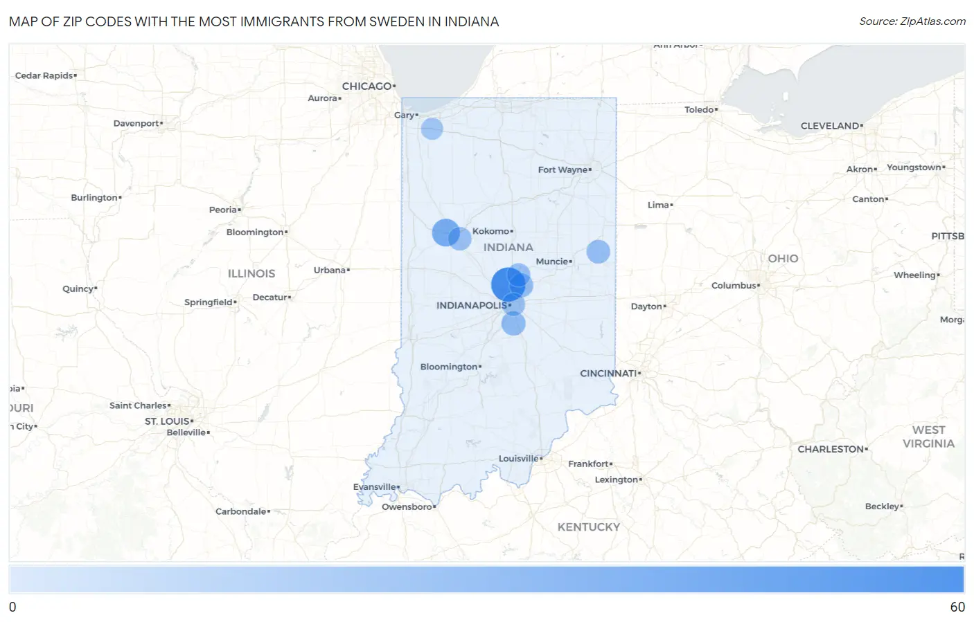 Zip Codes with the Most Immigrants from Sweden in Indiana Map