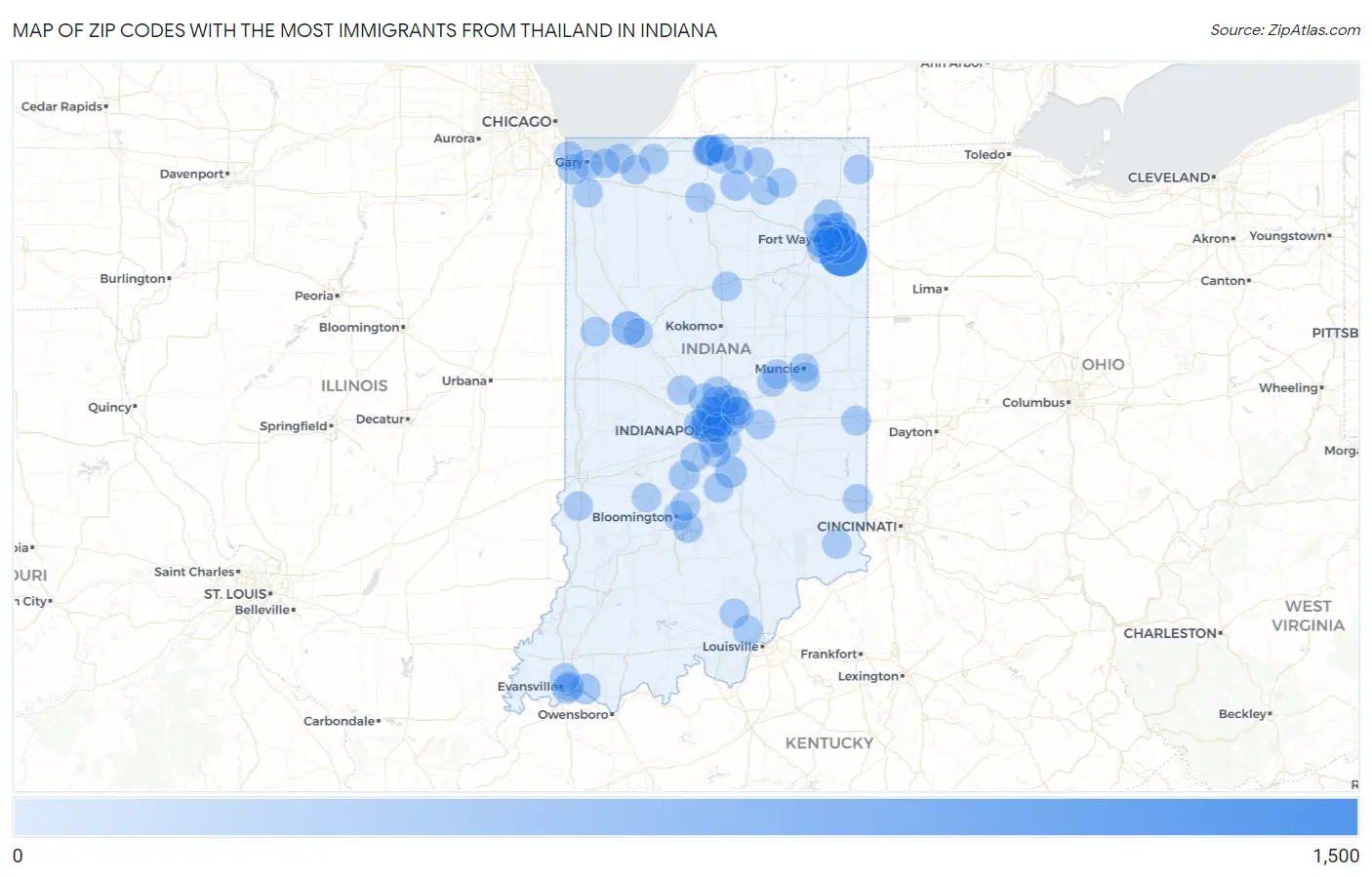 Zip Codes with the Most Immigrants from Thailand in Indiana Map