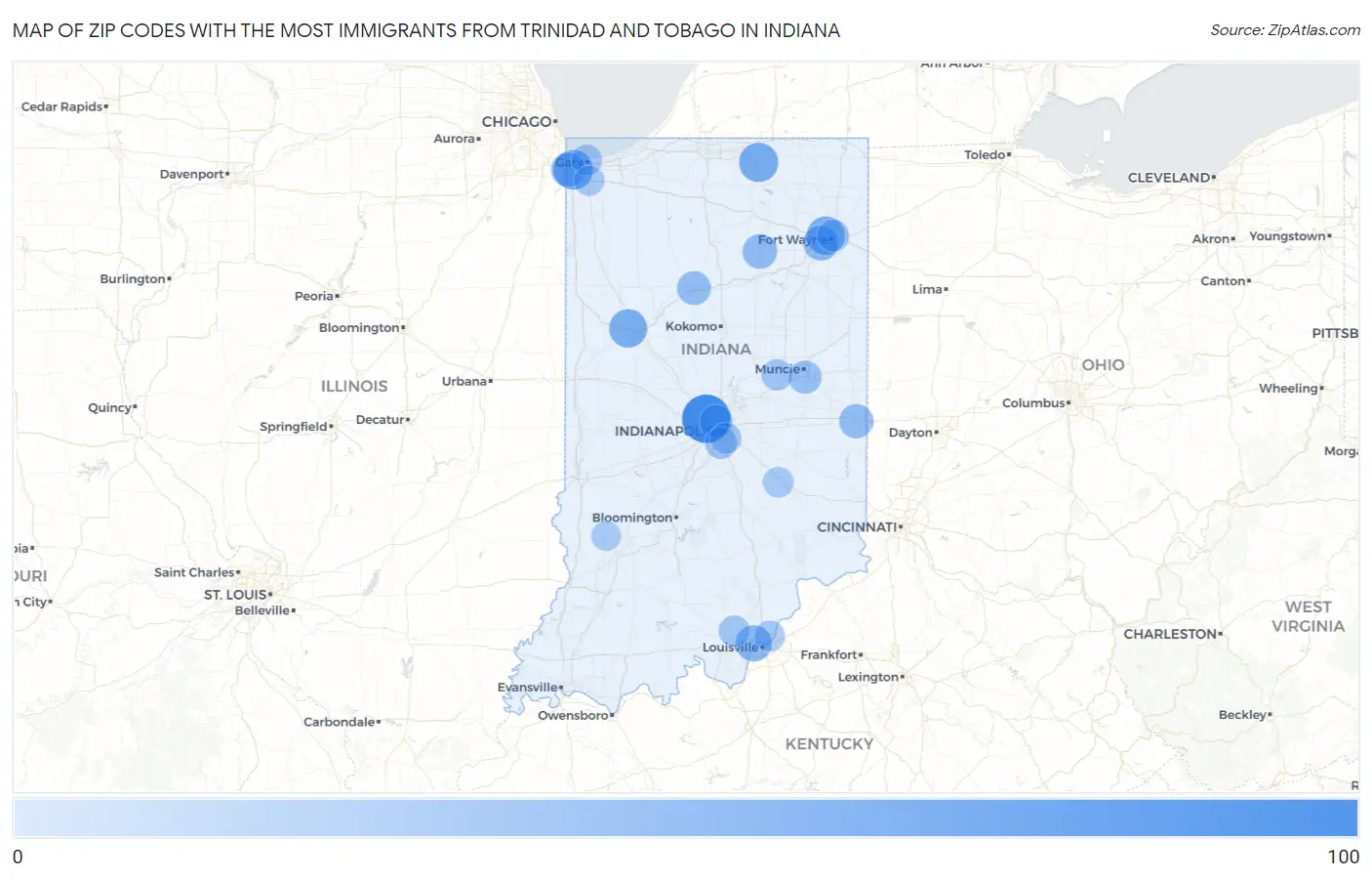 Zip Codes with the Most Immigrants from Trinidad and Tobago in Indiana Map