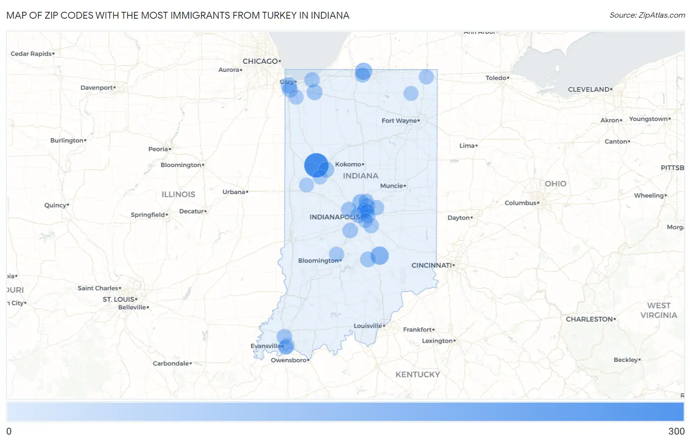 Zip Codes with the Most Immigrants from Turkey in Indiana Map