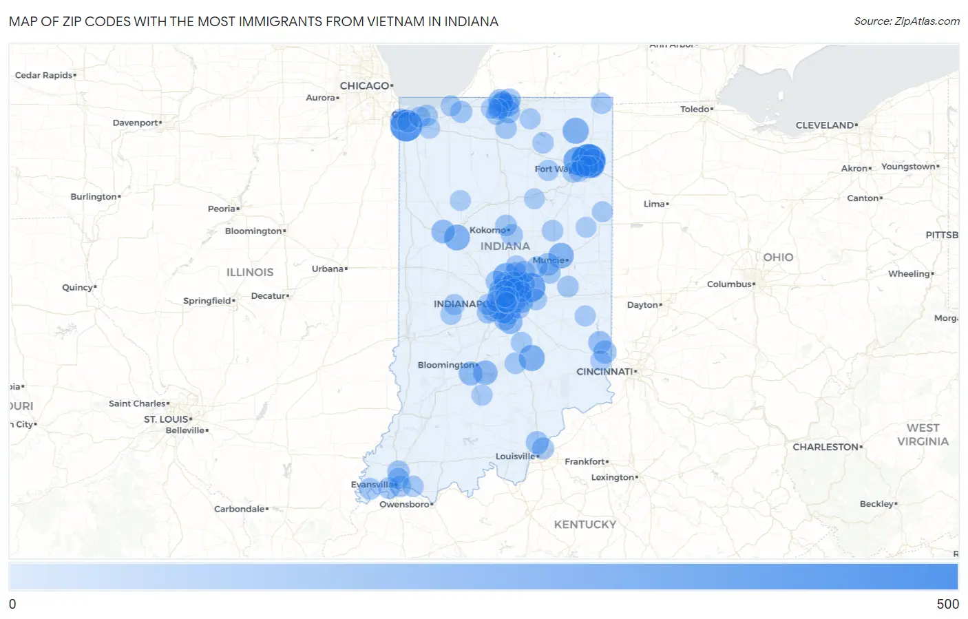 Zip Codes with the Most Immigrants from Vietnam in Indiana Map