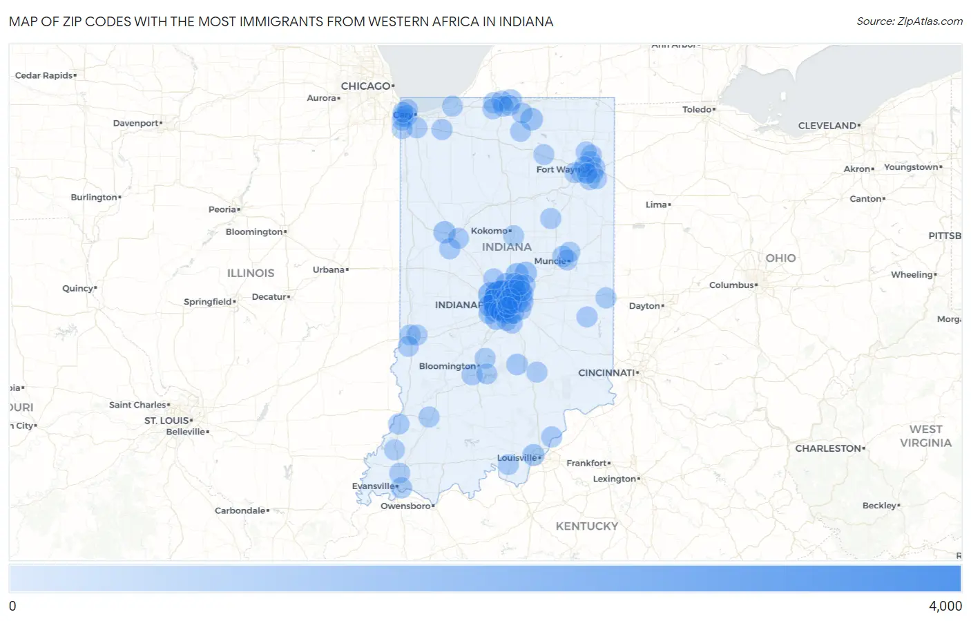 Zip Codes with the Most Immigrants from Western Africa in Indiana Map