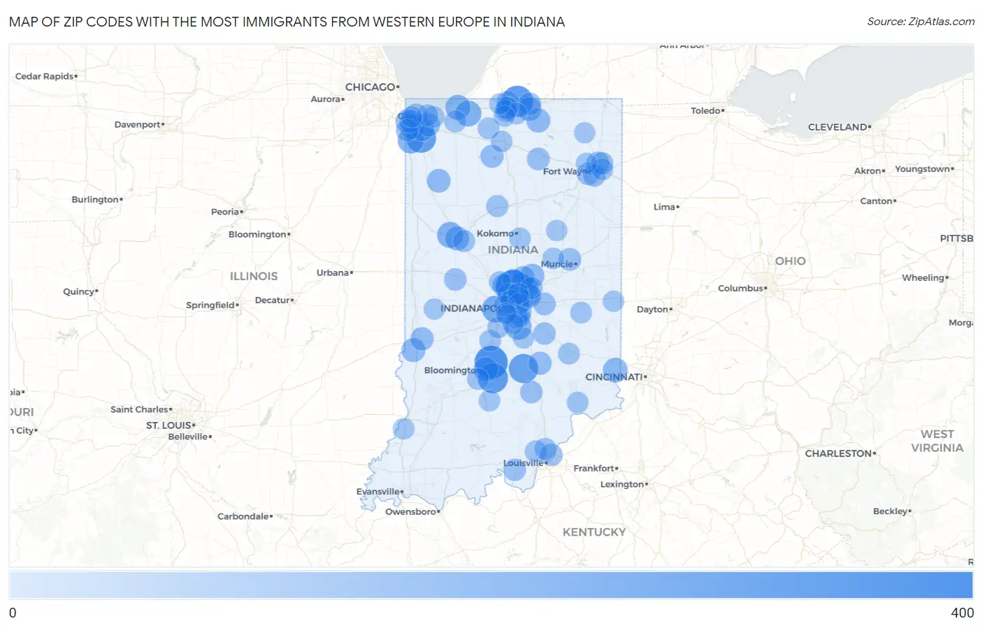 Zip Codes with the Most Immigrants from Western Europe in Indiana Map