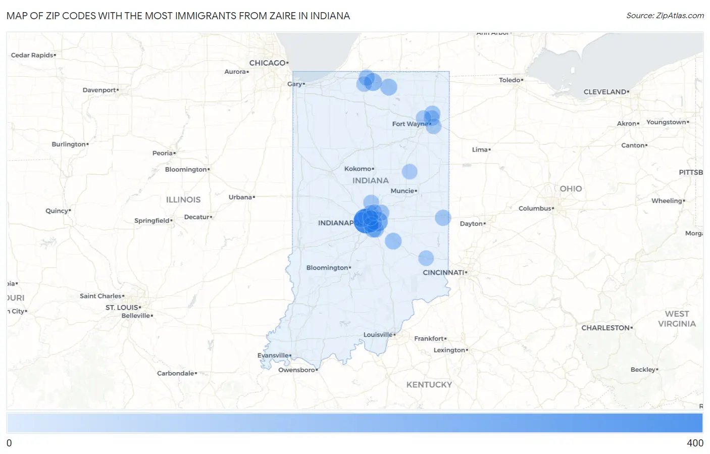 Zip Codes with the Most Immigrants from Zaire in Indiana Map