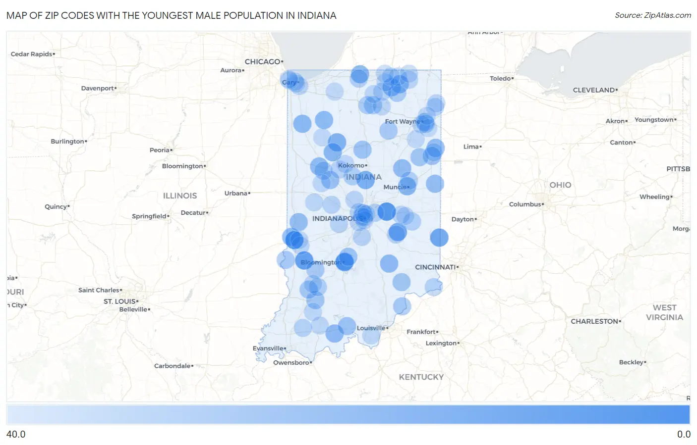 Zip Codes with the Youngest Male Population in Indiana Map