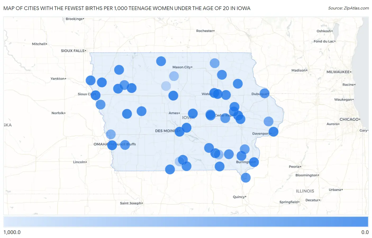 Cities with the Fewest Births per 1,000 Teenage Women Under the Age of 20 in Iowa Map