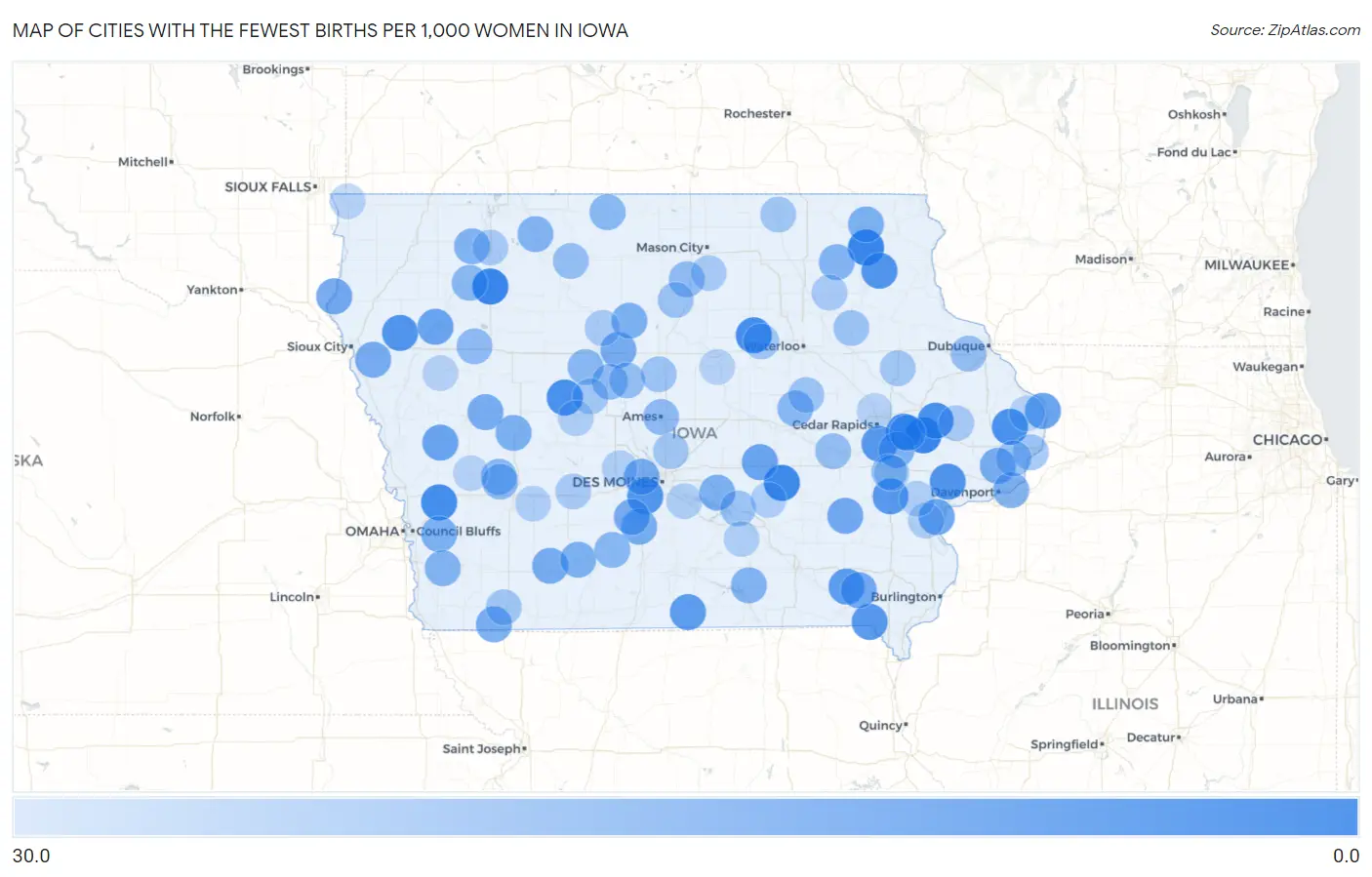 Cities with the Fewest Births per 1,000 Women in Iowa Map