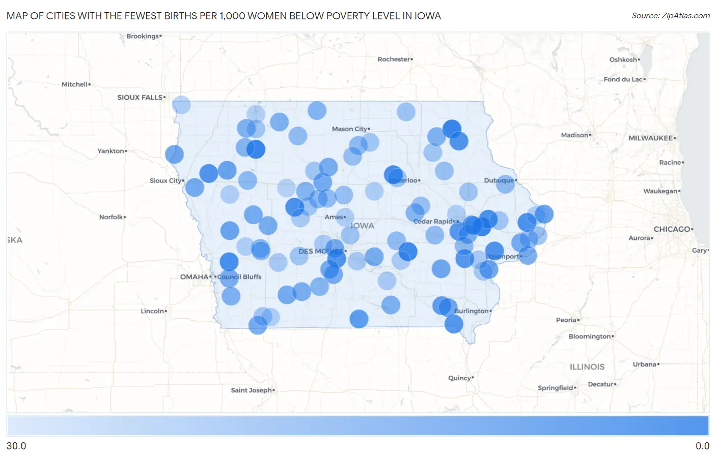 Cities with the Fewest Births per 1,000 Women Below Poverty Level in Iowa Map