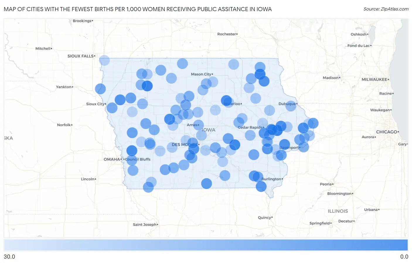 Cities with the Fewest Births per 1,000 Women Receiving Public Assitance in Iowa Map
