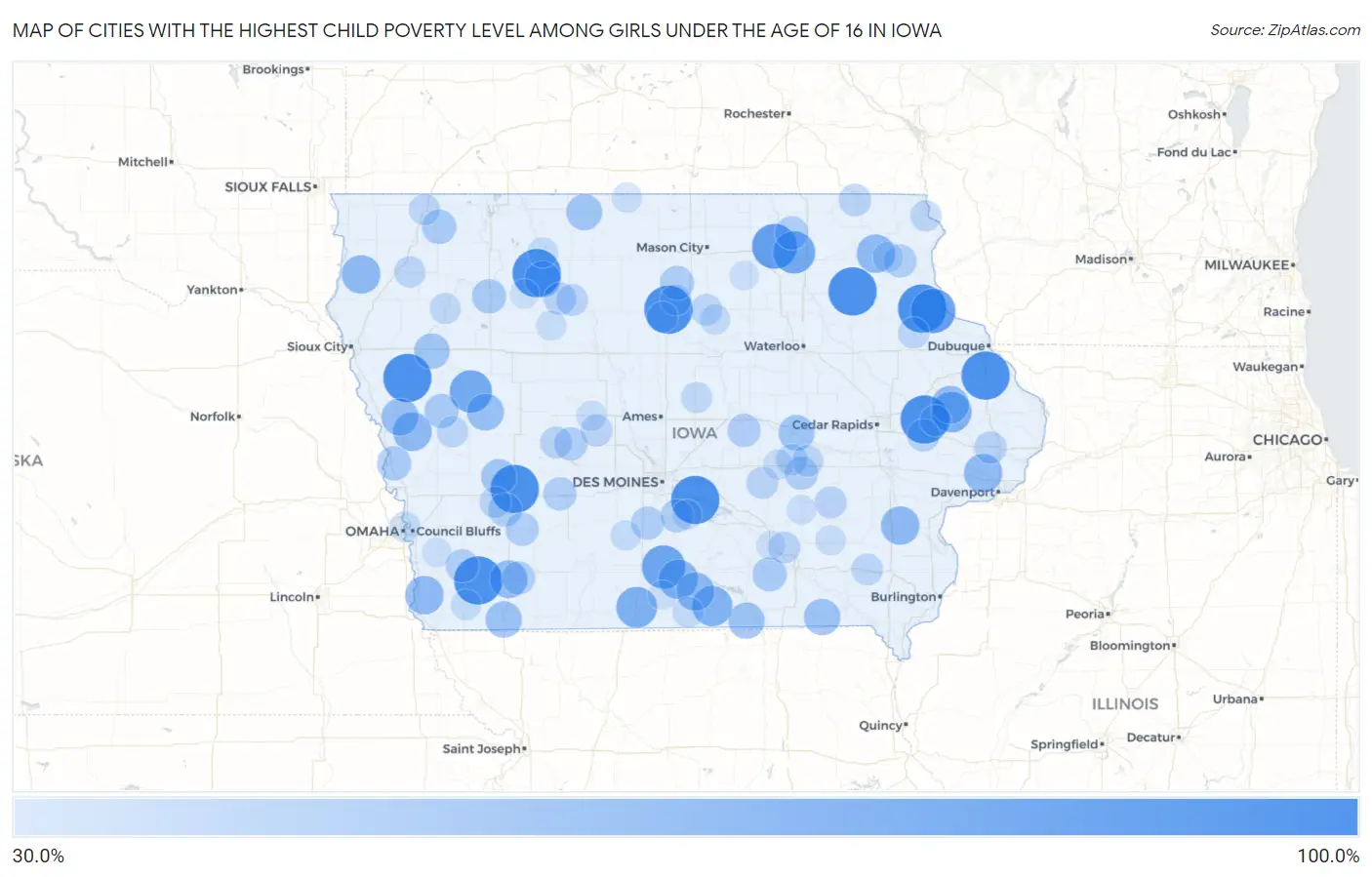 Cities with the Highest Child Poverty Level Among Girls Under the Age of 16 in Iowa Map
