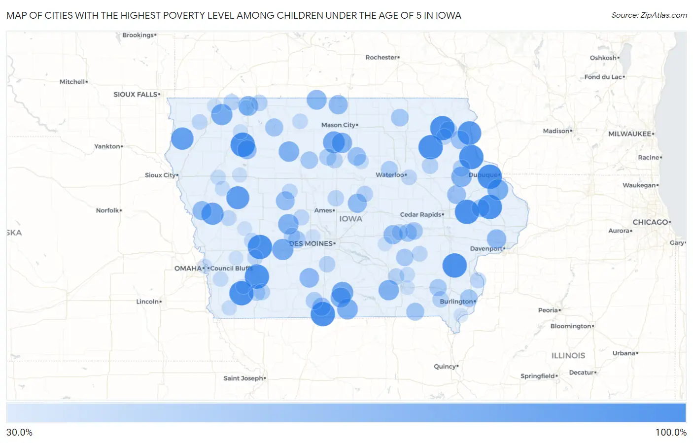 Cities with the Highest Poverty Level Among Children Under the Age of 5 in Iowa Map