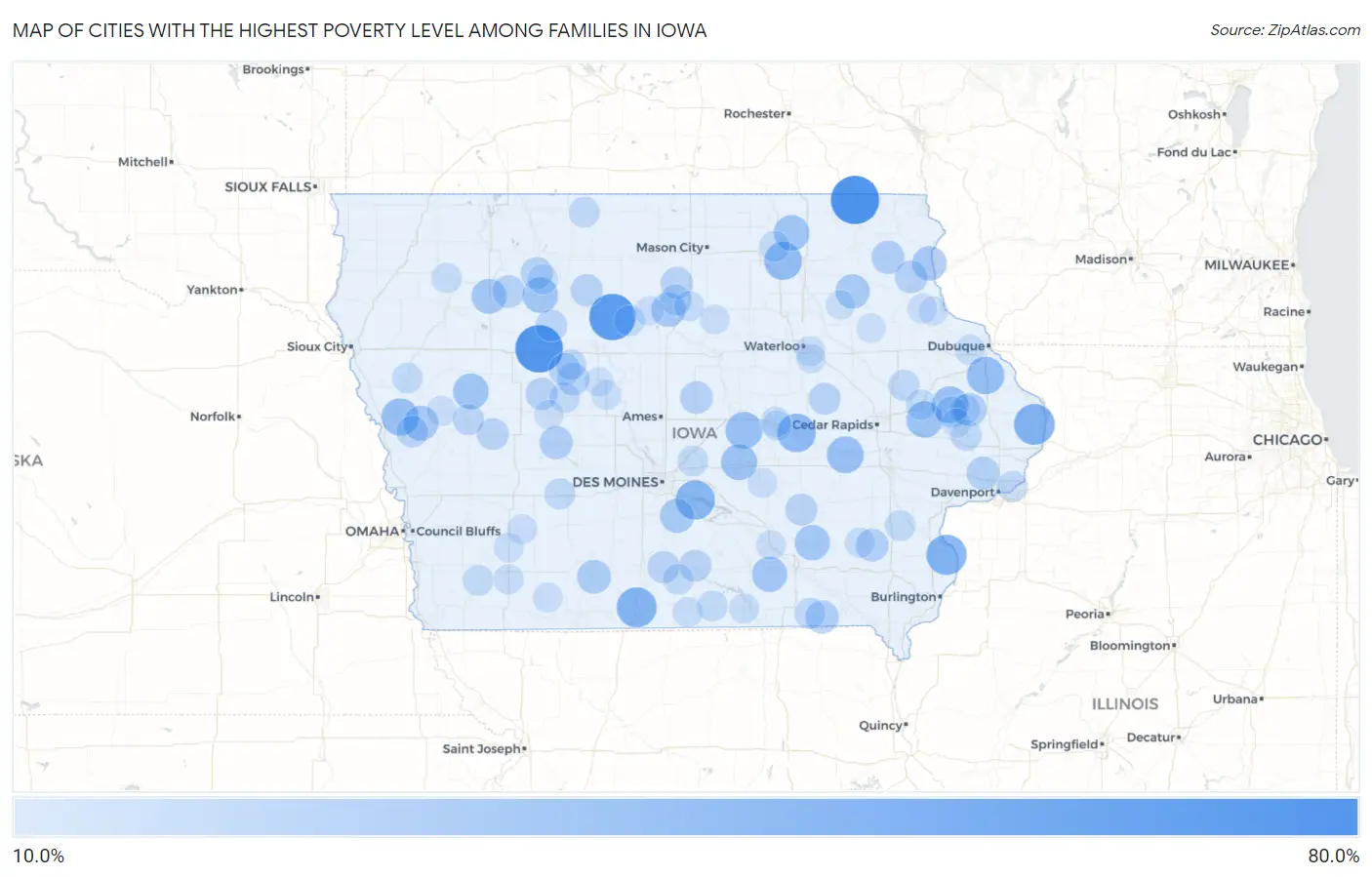 Cities with the Highest Poverty Level Among Families in Iowa Map
