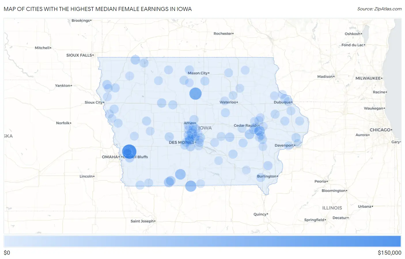 Cities with the Highest Median Female Earnings in Iowa Map
