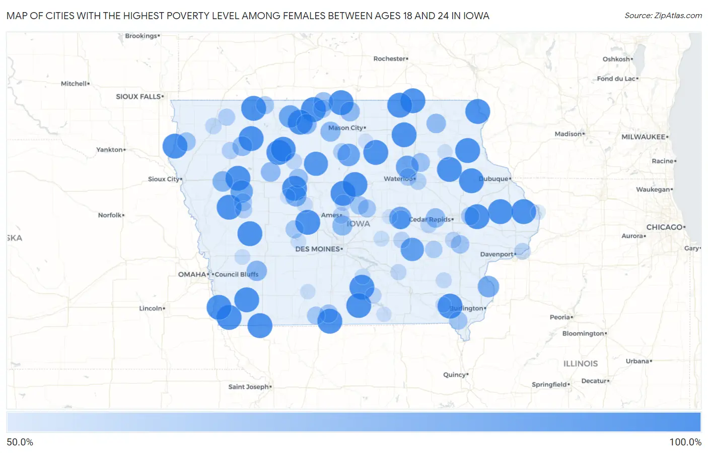 Cities with the Highest Poverty Level Among Females Between Ages 18 and 24 in Iowa Map