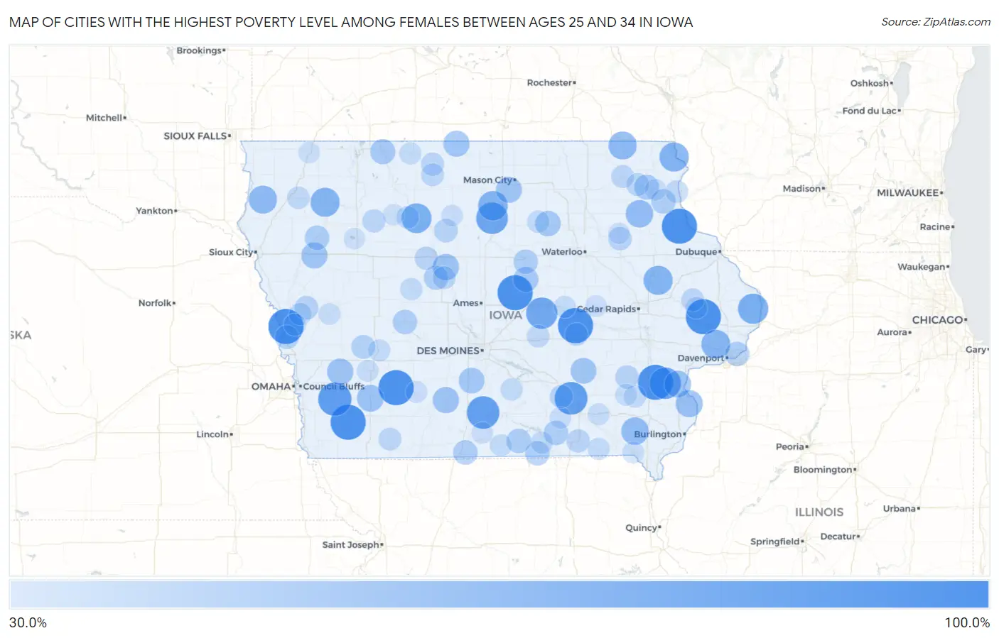 Cities with the Highest Poverty Level Among Females Between Ages 25 and 34 in Iowa Map