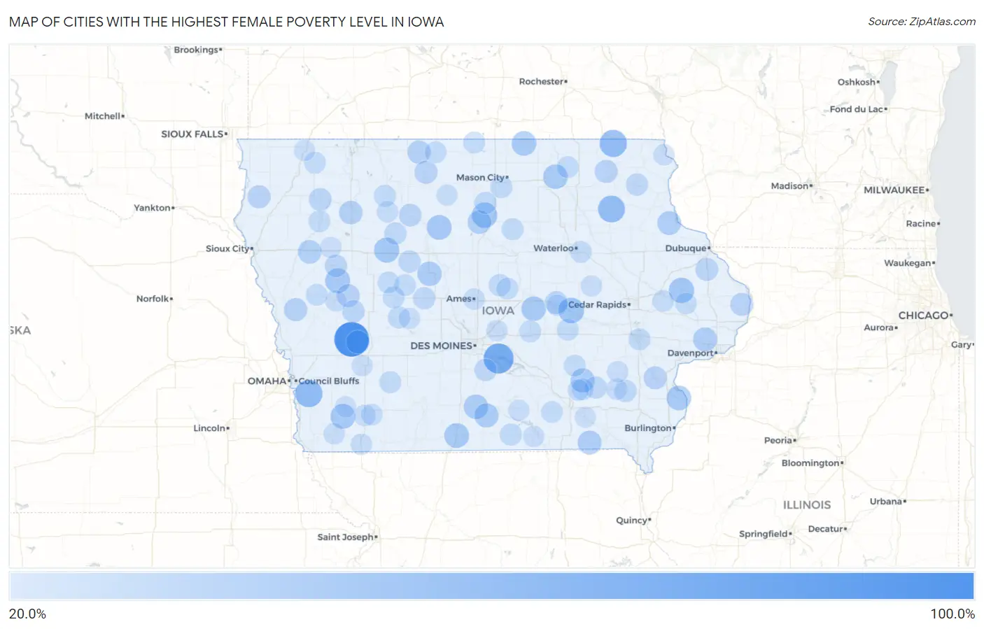 Cities with the Highest Female Poverty Level in Iowa Map