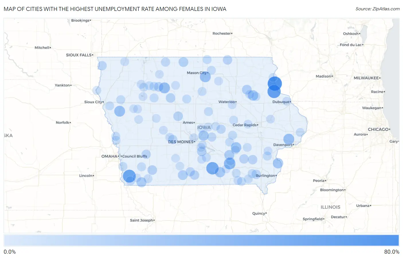 Cities with the Highest Unemployment Rate Among Females in Iowa Map