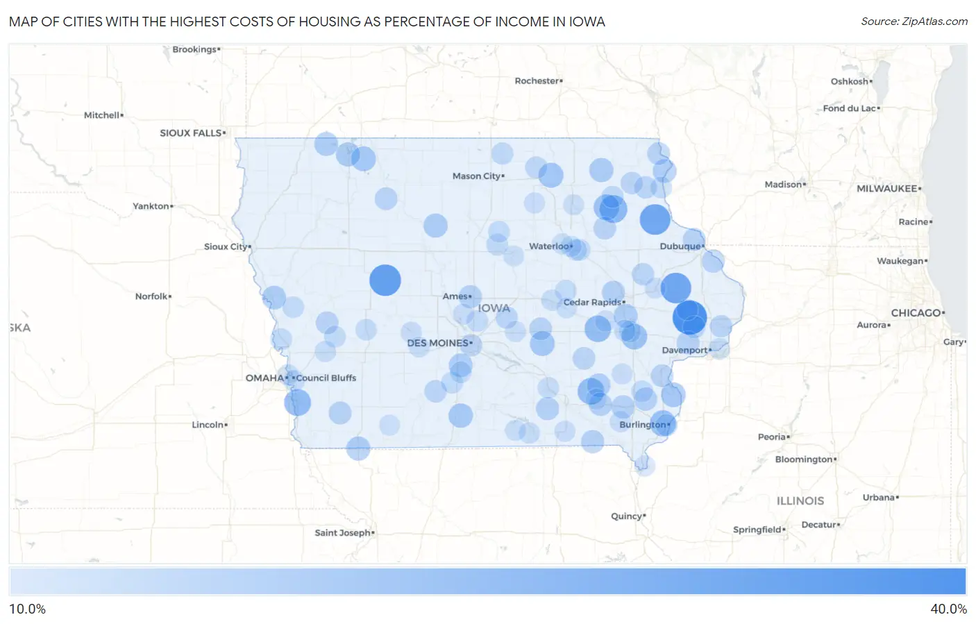 Cities with the Highest Costs of Housing as Percentage of Income in Iowa Map