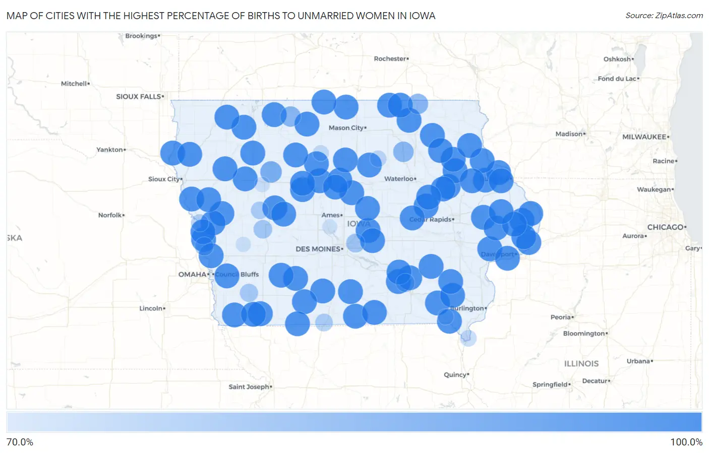 Cities with the Highest Percentage of Births to Unmarried Women in Iowa Map