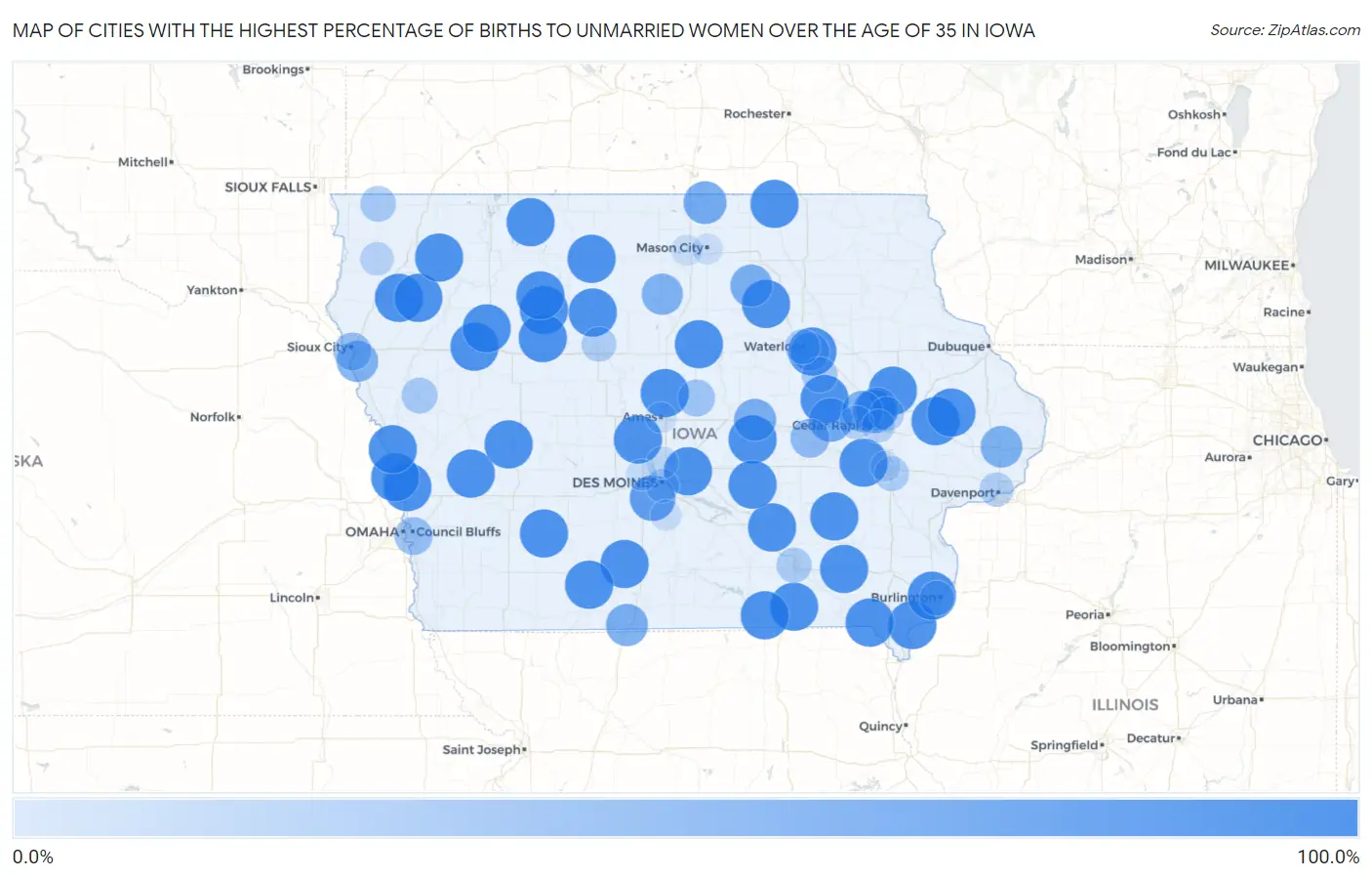 Cities with the Highest Percentage of Births to Unmarried Women over the Age of 35 in Iowa Map
