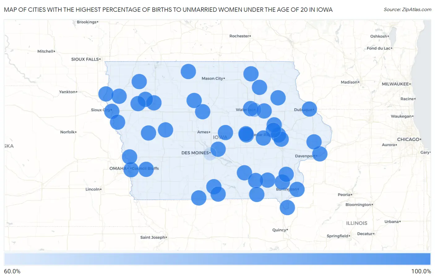 Cities with the Highest Percentage of Births to Unmarried Women under the Age of 20 in Iowa Map