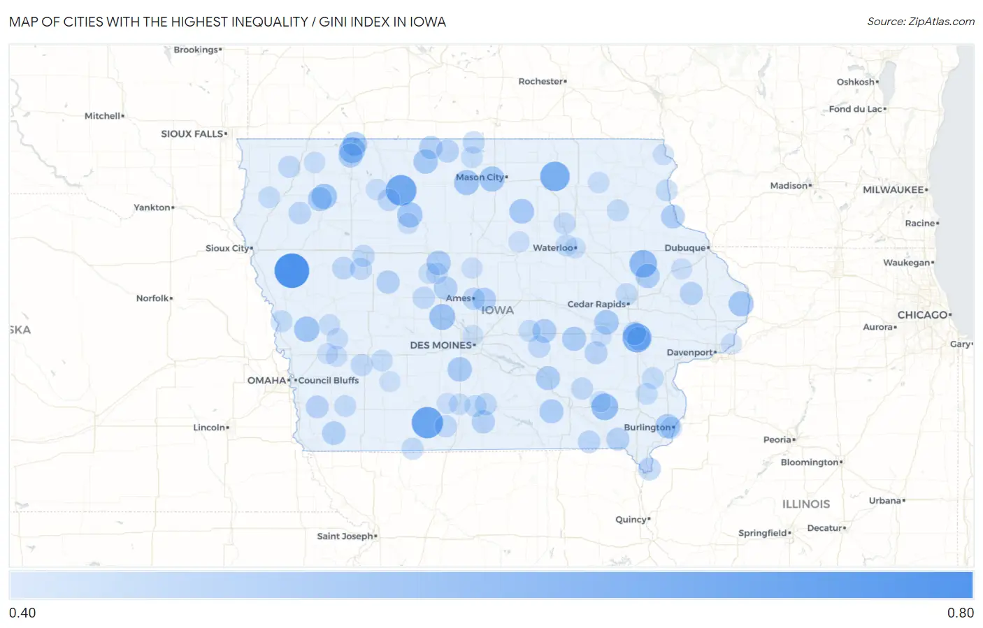 Cities with the Highest Inequality / Gini Index in Iowa Map