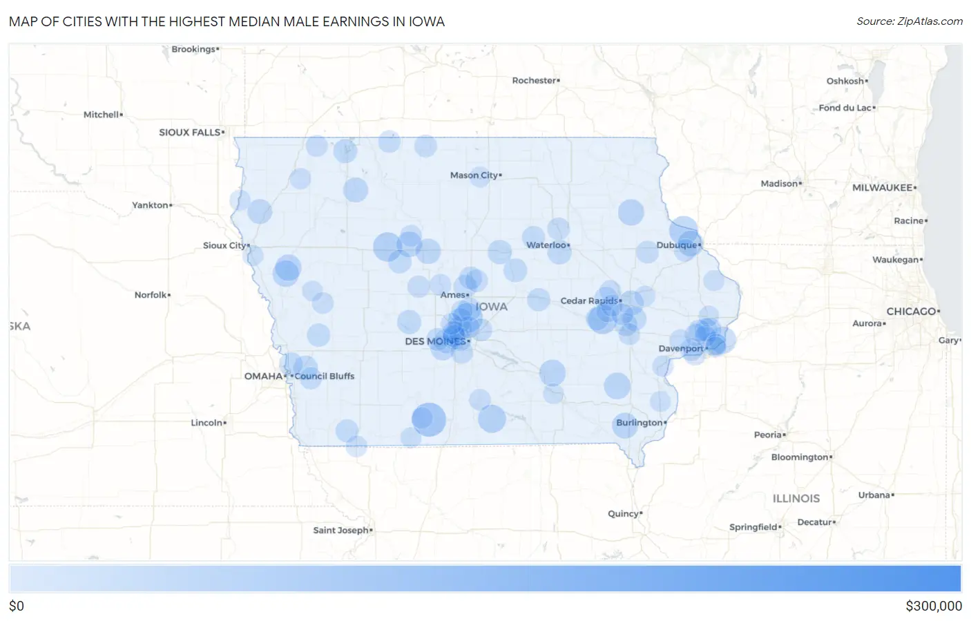 Cities with the Highest Median Male Earnings in Iowa Map