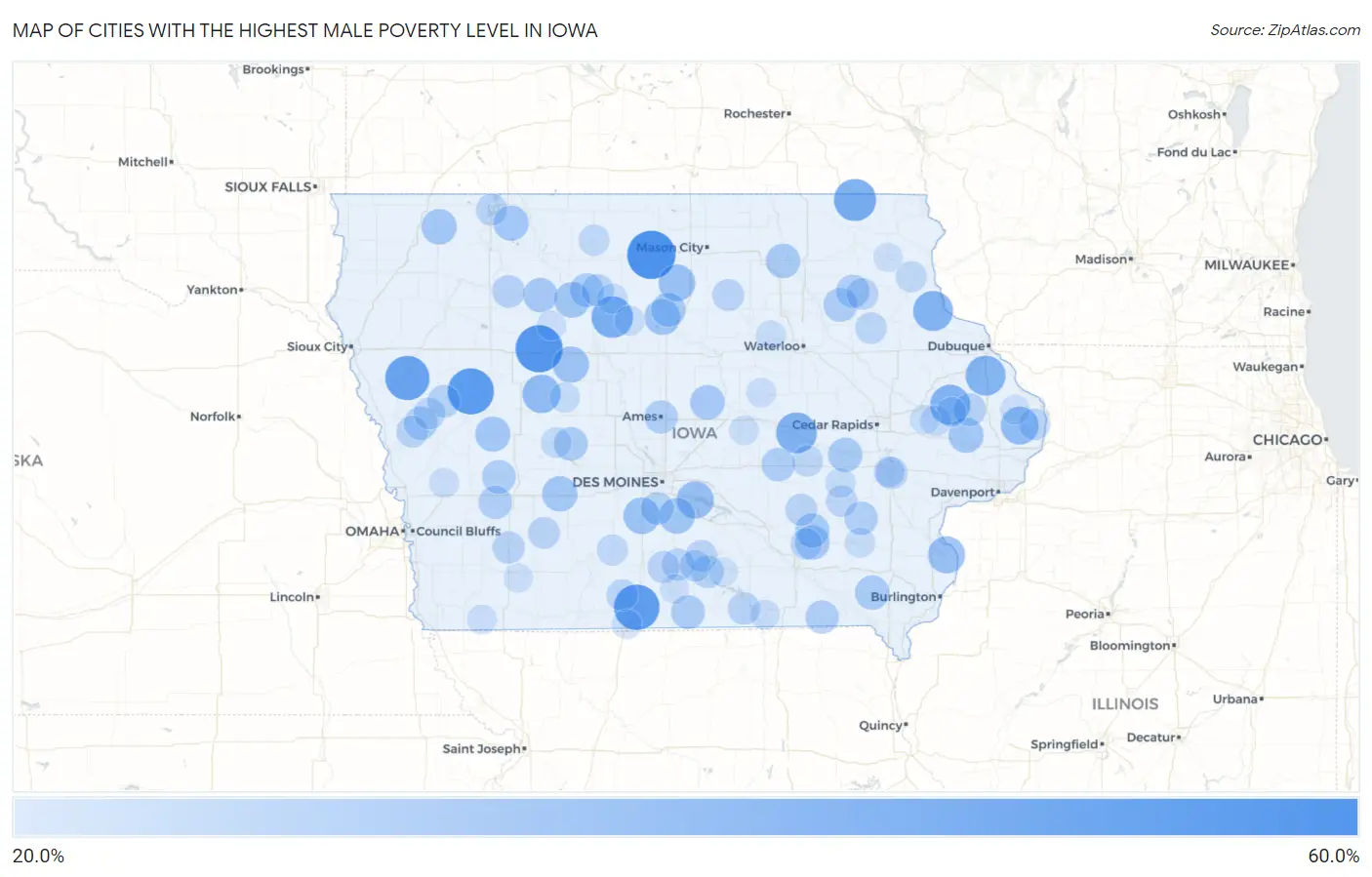 Cities with the Highest Male Poverty Level in Iowa Map