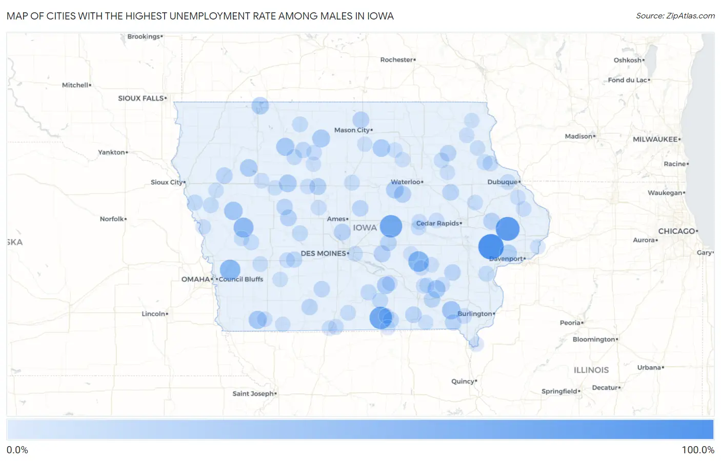 Cities with the Highest Unemployment Rate Among Males in Iowa Map