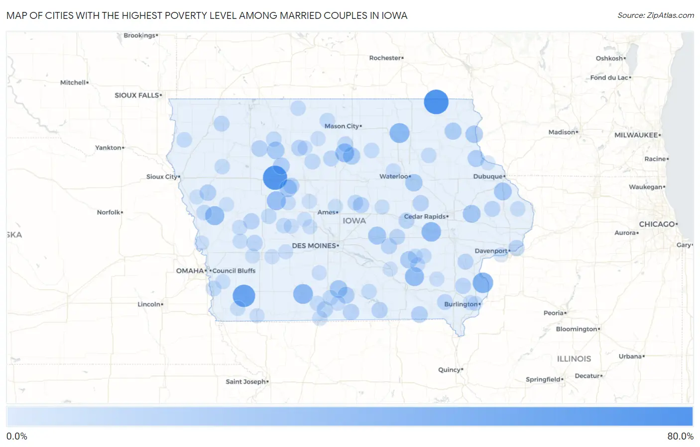 Cities with the Highest Poverty Level Among Married Couples in Iowa Map