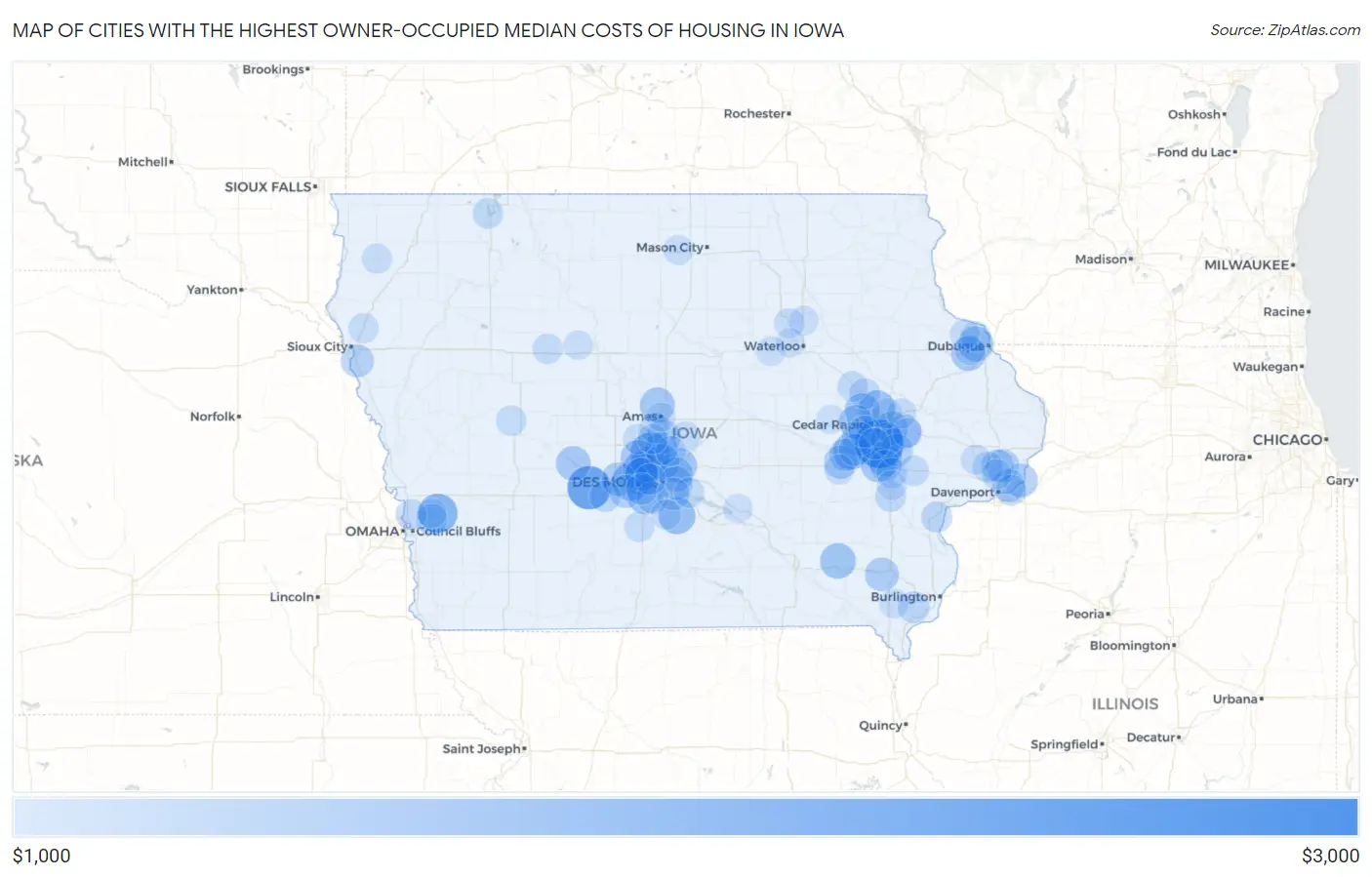 Cities with the Highest Owner-Occupied Median Costs of Housing in Iowa Map