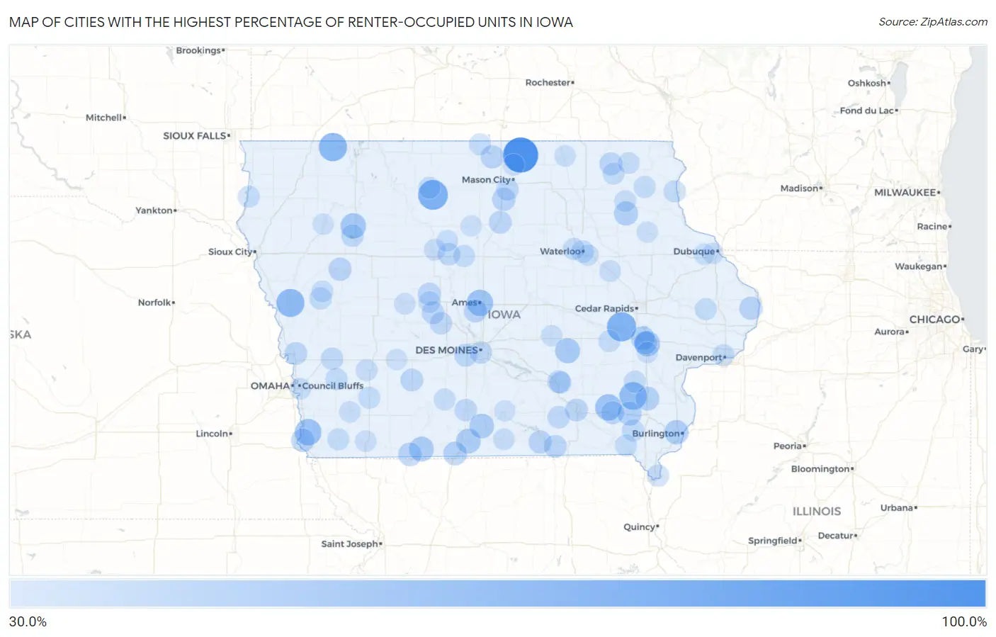 Cities with the Highest Percentage of Renter-Occupied Units in Iowa Map