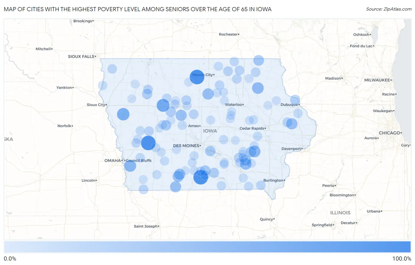 Cities with the Highest Poverty Level Among Seniors Over the Age of 65 in Iowa Map