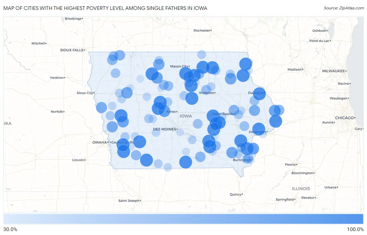 Cities with the Highest Poverty Level Among Single Fathers in Iowa Map