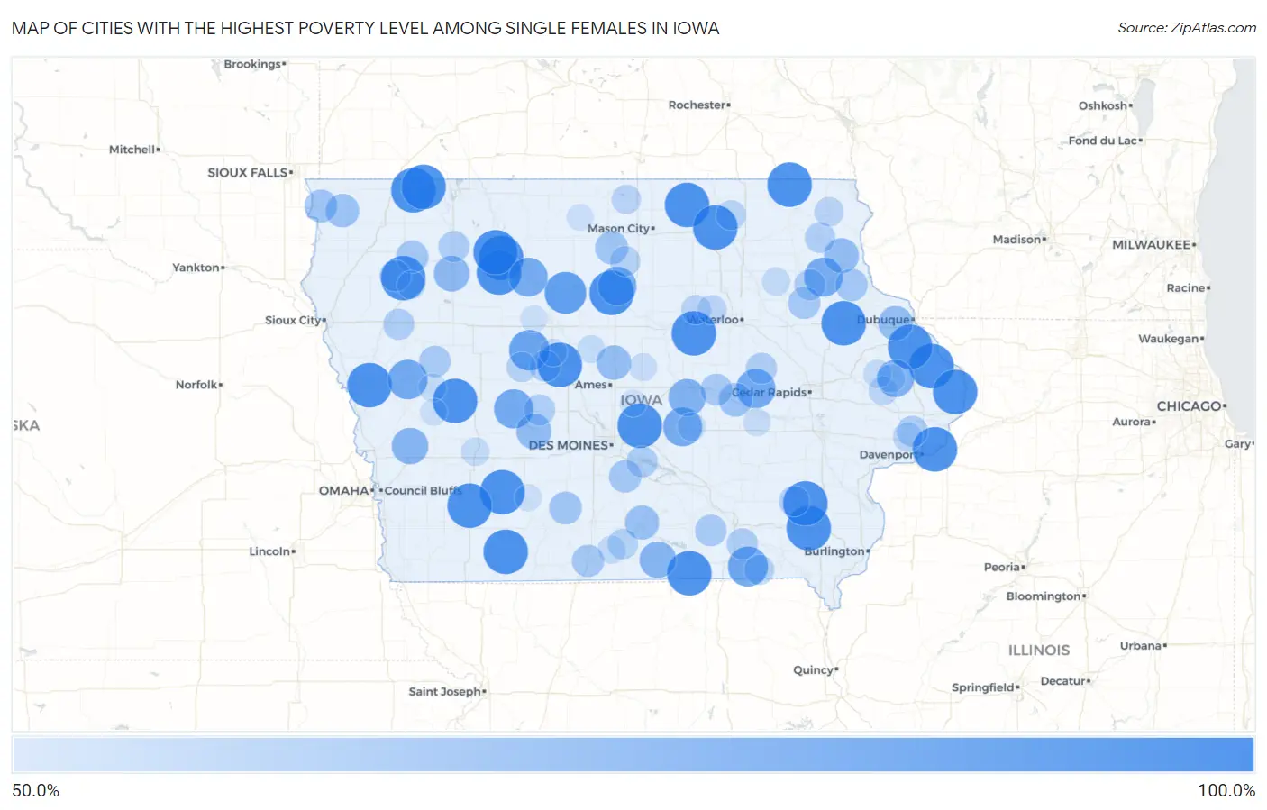 Cities with the Highest Poverty Level Among Single Females in Iowa Map