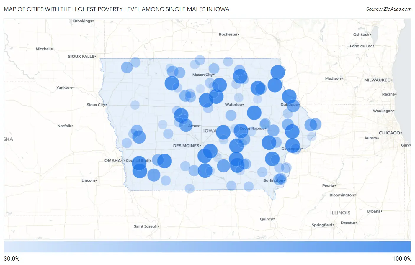 Cities with the Highest Poverty Level Among Single Males in Iowa Map
