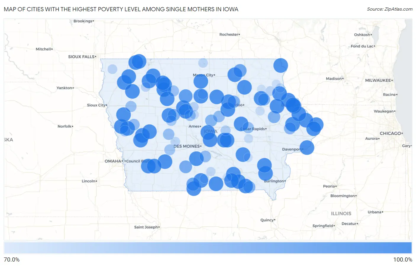Cities with the Highest Poverty Level Among Single Mothers in Iowa Map