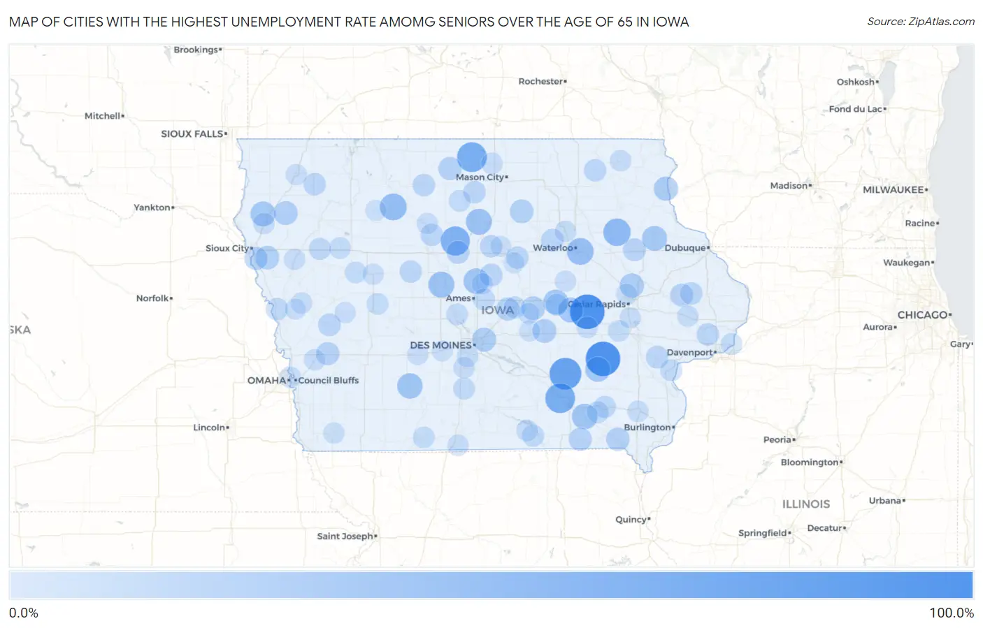 Cities with the Highest Unemployment Rate Amomg Seniors Over the Age of 65 in Iowa Map