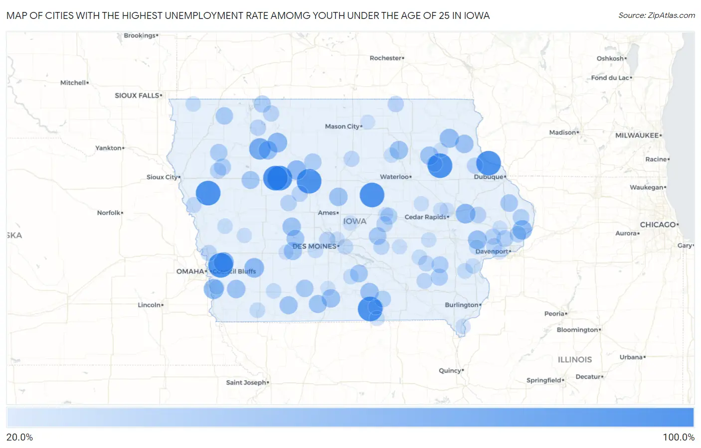 Cities with the Highest Unemployment Rate Amomg Youth Under the Age of 25 in Iowa Map