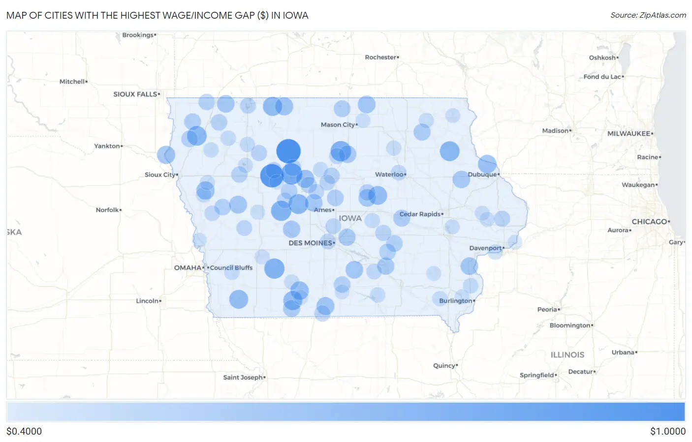 Cities with the Highest Wage/Income Gap ($) in Iowa Map